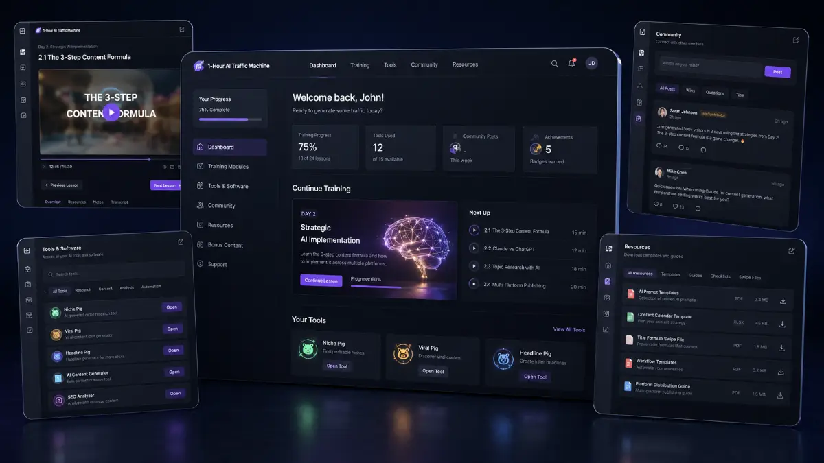 1-Hour AI Traffic Machine dashboard and training assets showing AI Traffic Blueprint, buyer leads, content workflows, and organic traffic strategy