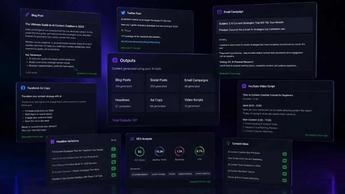 1-Hour AI Traffic Machine outputs showing Traffic Pig tools, AI content ideas, buyer-focused headlines, workflow automation, and multi-channel traffic planning
