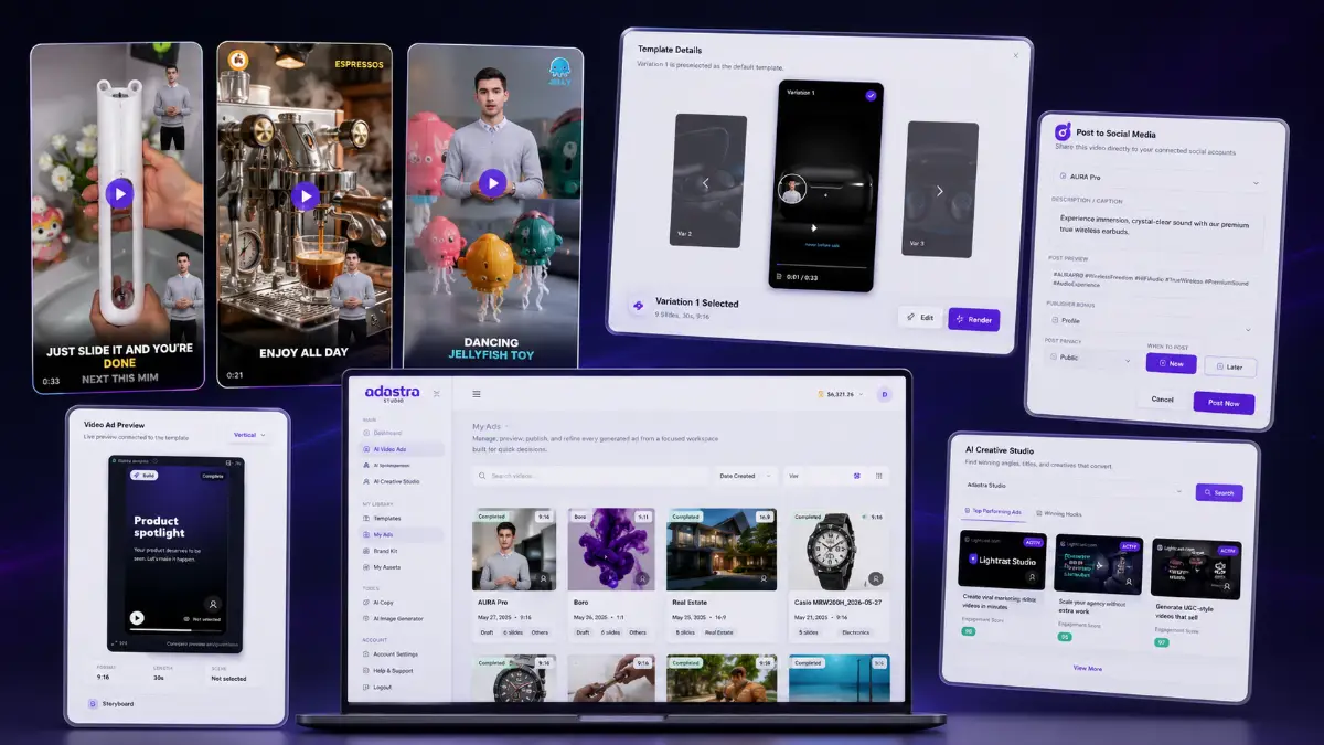 Adastra Studio AI examples showing AI-generated sales videos, presenters, faceless scenes, marketing variations, and multi-format outputs