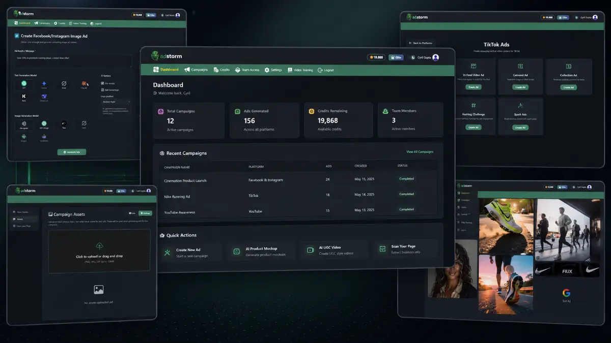 AdStorm AI advertising platform showing multi-platform ad generation, creative workflows, video ads, UGC content, and ad production automation