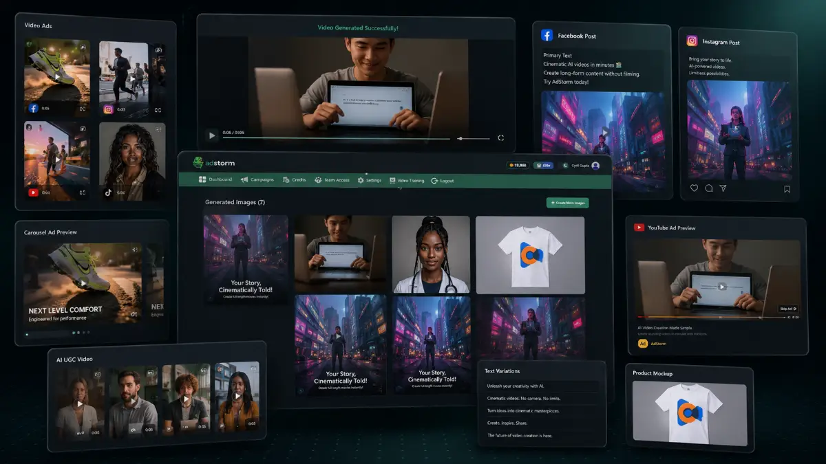 AdStorm outputs including AI-generated ad copy, image ads, video ads, carousel ads, UGC-style creatives, product mockups, and campaign variations