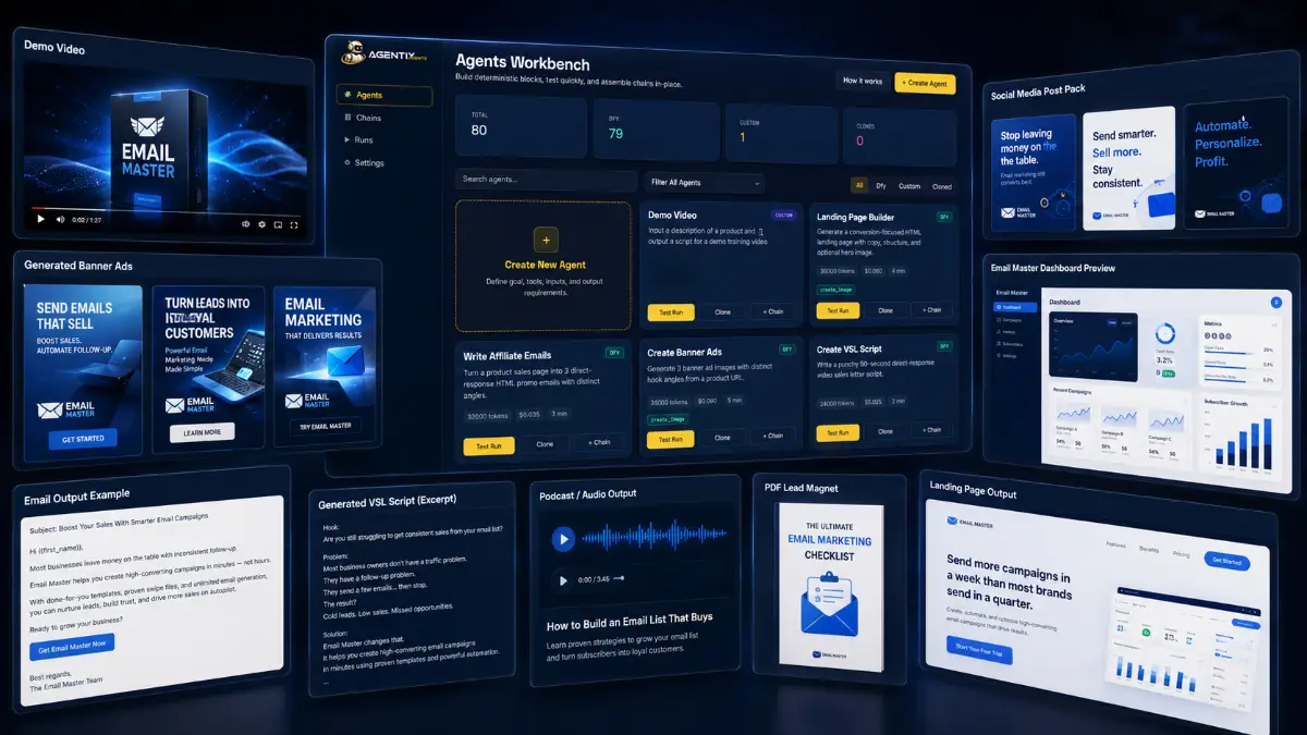 Agentix Agents outputs including autonomous agents, DFY workflows, content generation, marketing automation, integrations, and workflow tracking