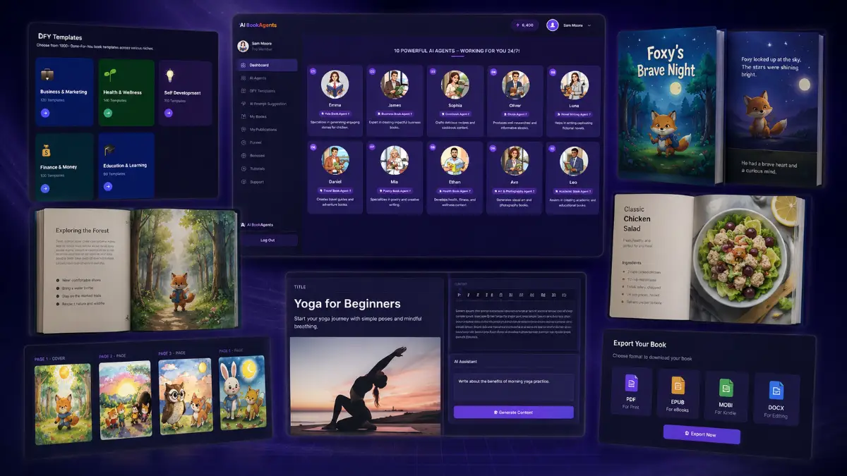 AI Book Agents examples showing generated books, illustrations, covers, interiors, formatting, and publish-ready outputs