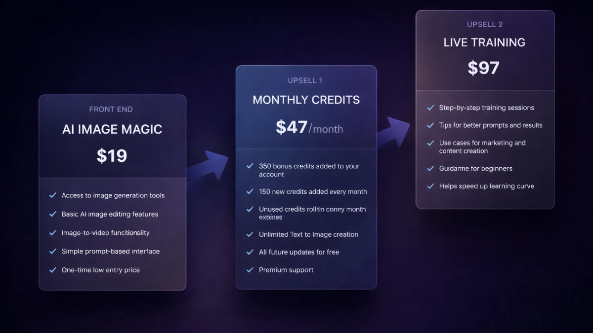 AI Image Magic funnel showing front end, monthly credits upgrade, and live training offer