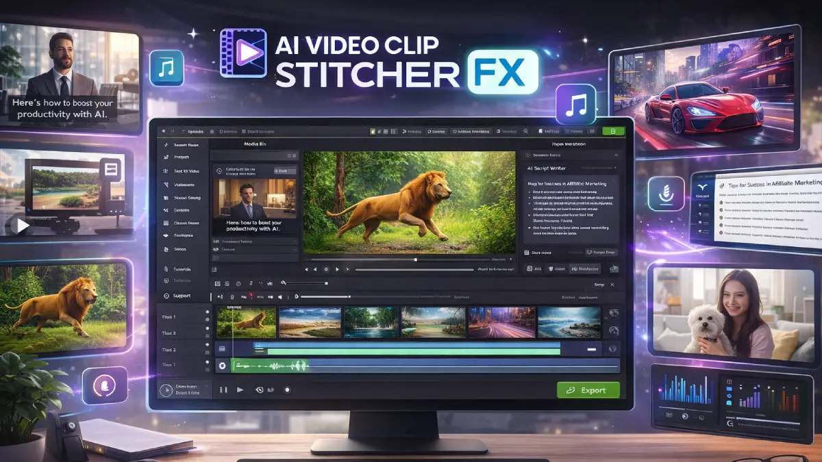 AI Video Clip Stitcher FX examples (AI clip generation + timeline stitching + finished outputs)
