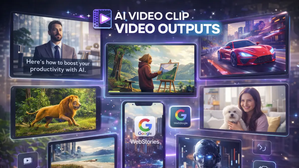 AI Video Clip Stitcher FX outputs examples (short clips, stitched videos, ads, shorts, exports)