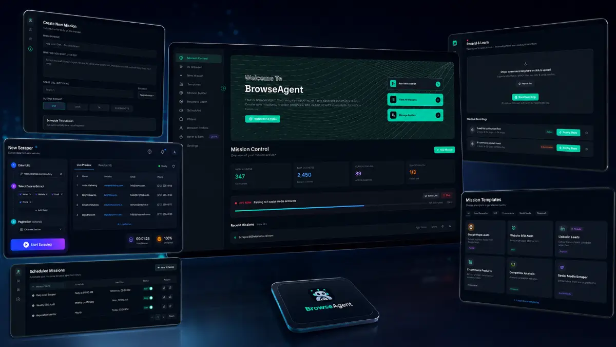BrowserAgent examples showing AI browser automation, cloud browser control, live task monitoring, ready-made missions, data collection, scheduling, and exports