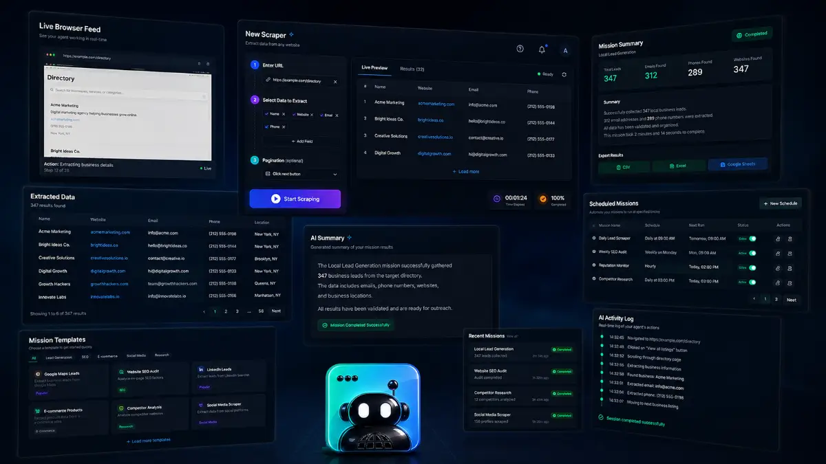 BrowserAgent outputs including cloud browser missions, live browser feed, AI data summaries, spreadsheets, Google Sheets exports, task recordings, and scheduled automation