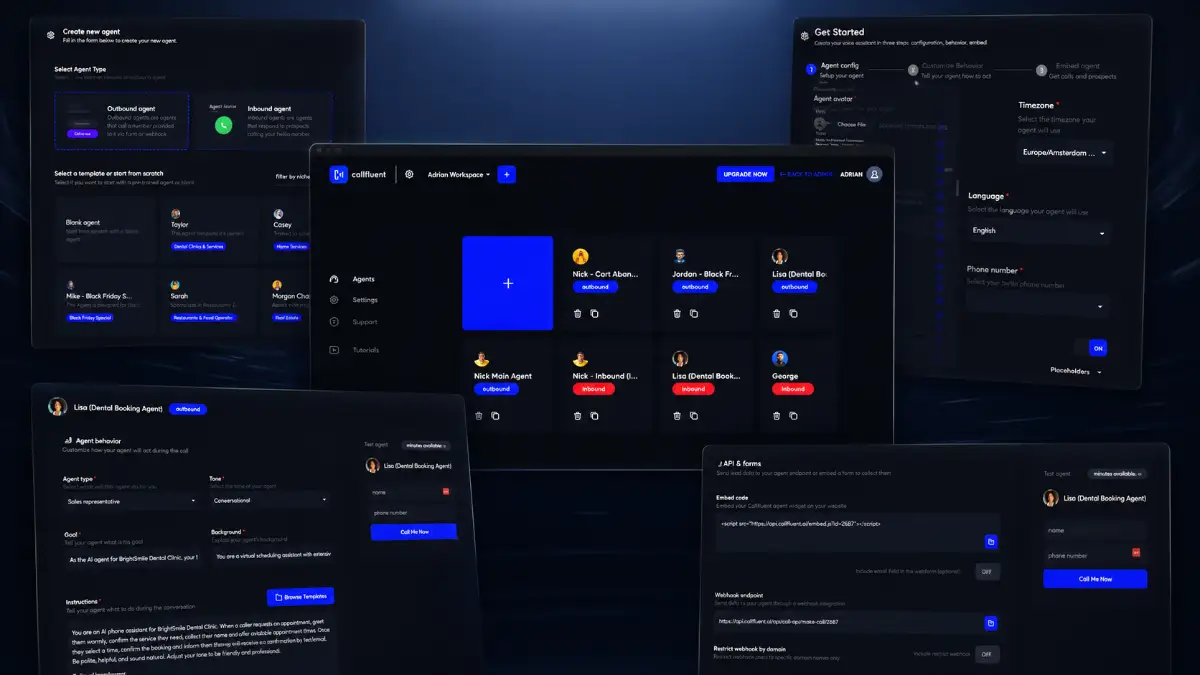 CallFluent AI 2.0 examples showing AI phone agents, inbound and outbound calls, appointment booking, lead qualification, custom training, and integrations