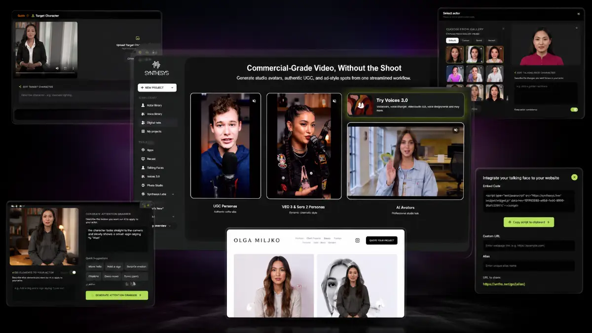 CastAI dashboard and training assets showing ReCast AI video transformation, TalkingFaces website presenters, face swap, outfit changes, voice cloning, script rewriting, and CTA overlays