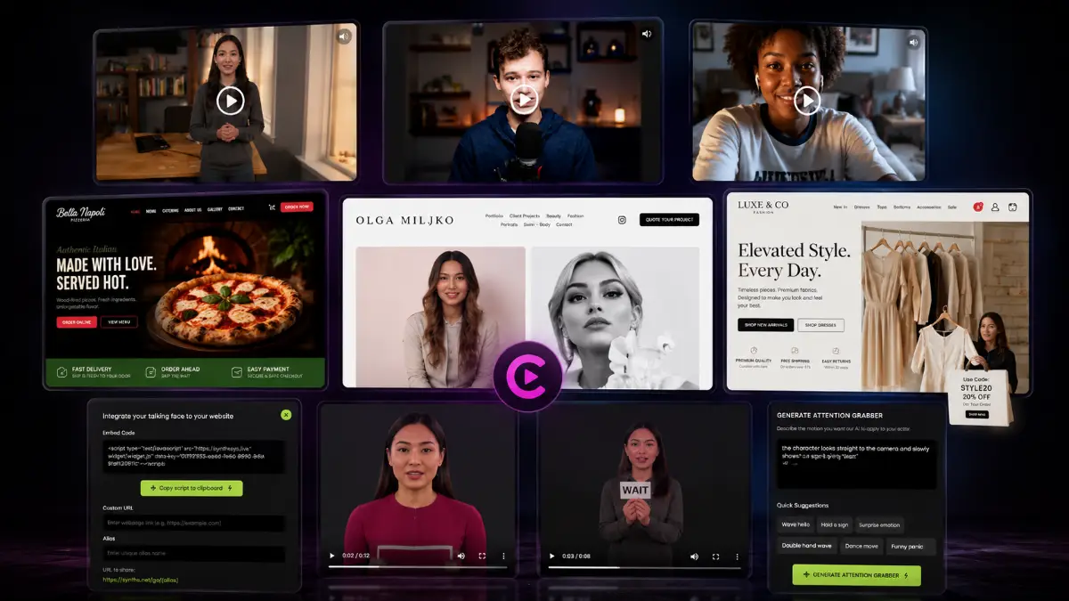 CastAI outputs showing AI presenter transformations, face swap, outfit changes, voice cloning, script rewrite lip-sync, website overlays, and clickable CTA buttons
