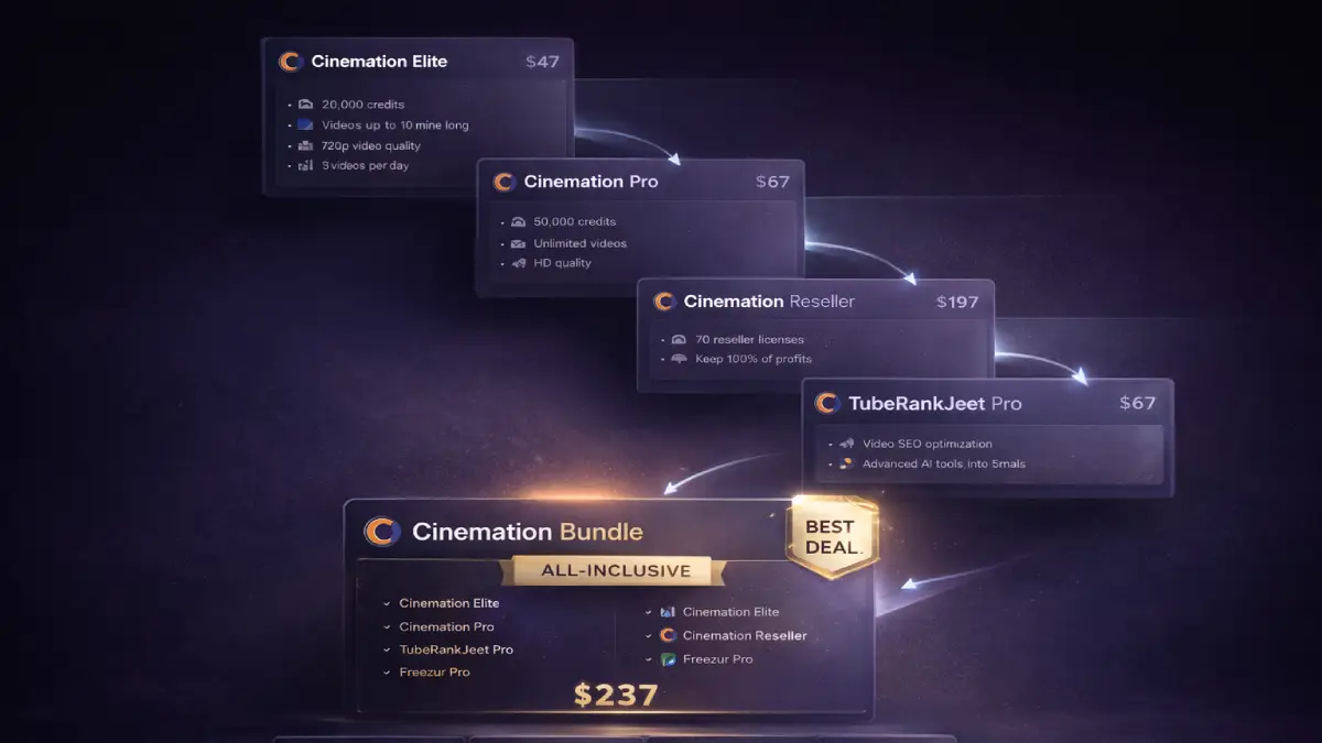 Cinemation funnel showing front end, bundle, Pro, Reseller, TubeRankJeet Pro, and Freezur Pro offers