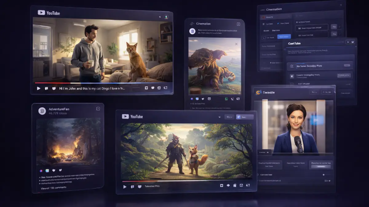 Cinemation outputs including AI movies, character scenes, storytelling videos, social content, and cinematic marketing visuals