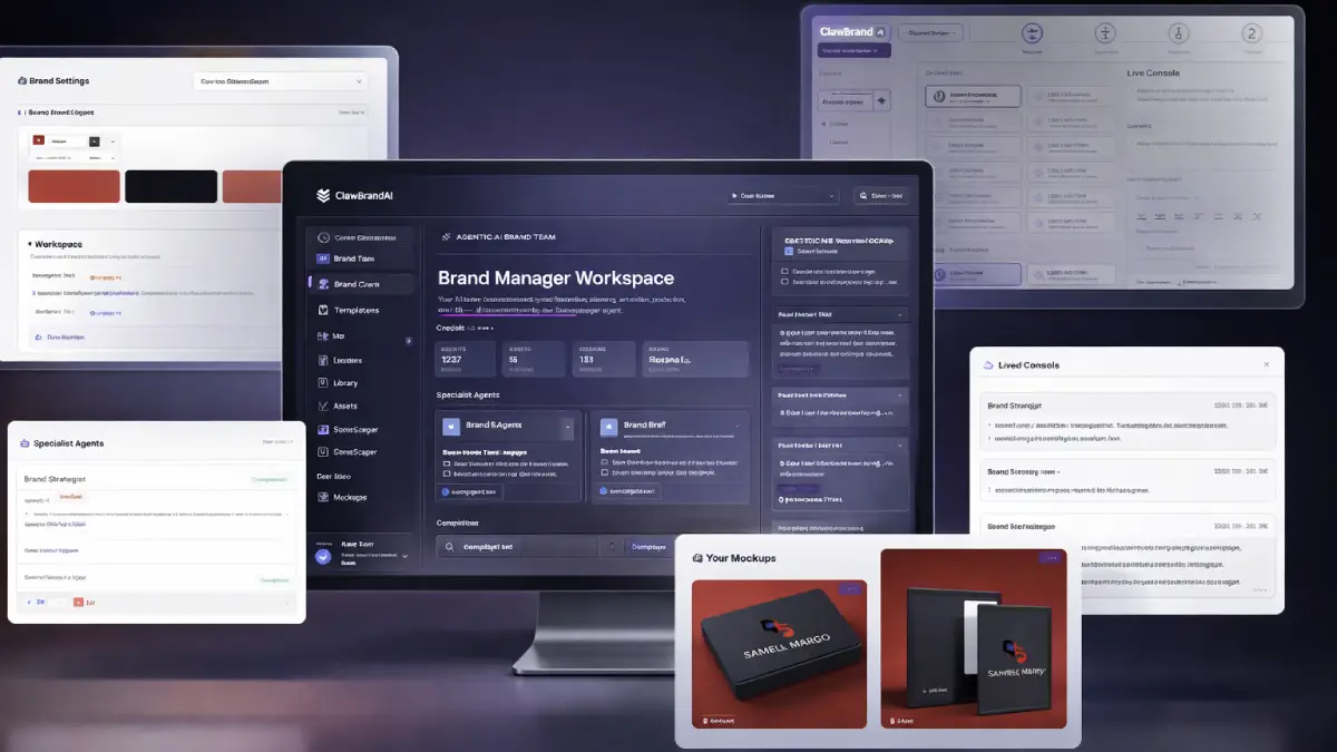 Claw Brand AI examples showing AI brand mockups, branded packaging, apparel, social media visuals, and photorealistic marketing assets