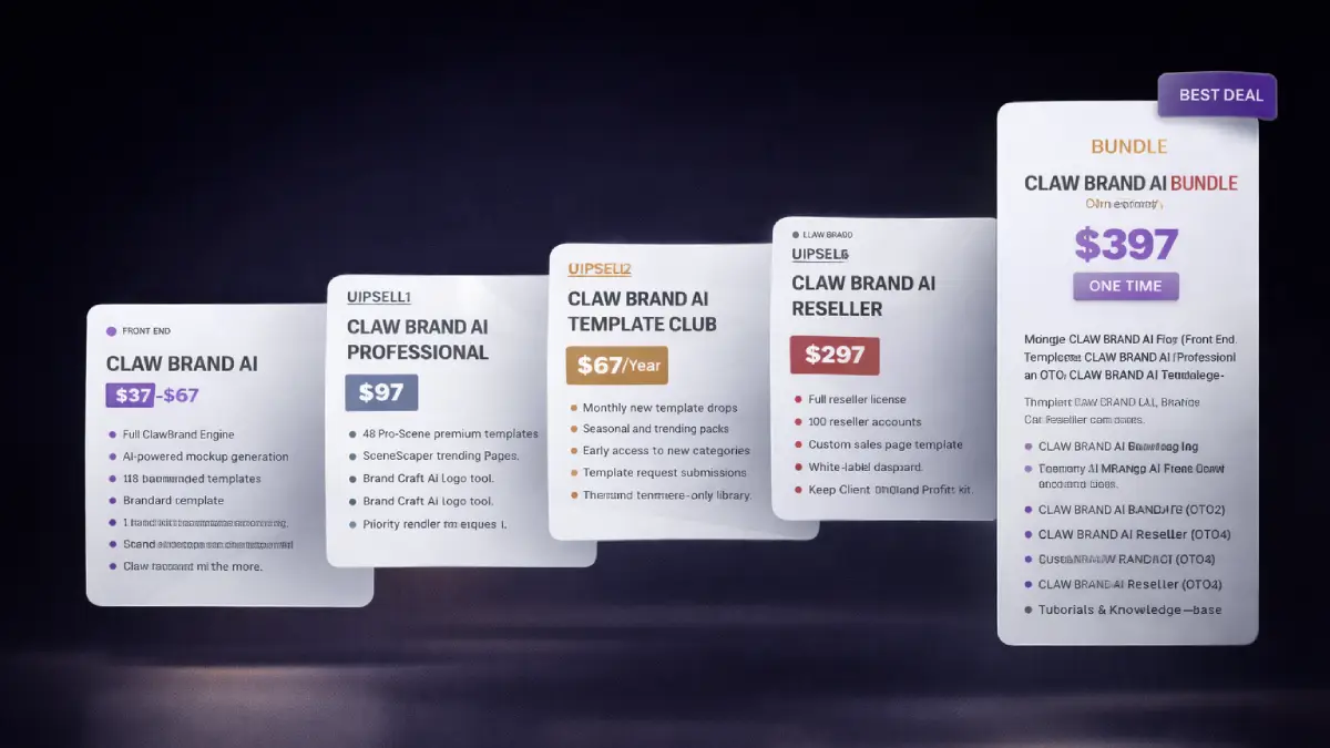 Claw Brand AI funnel showing front end, bundle, Professional, Template Club, Agency, and Reseller offers