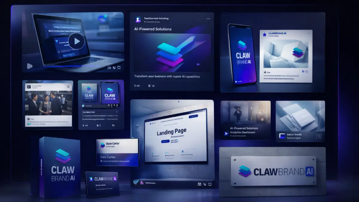 Claw Brand AI outputs including packaging mockups, apparel branding, digital ads, branded presentations, and social media visuals