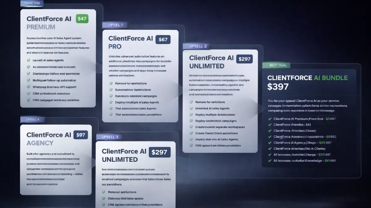 ClientForce AI funnel showing front end, bundle, Pro, Unlimited, Agency, and Reseller offers