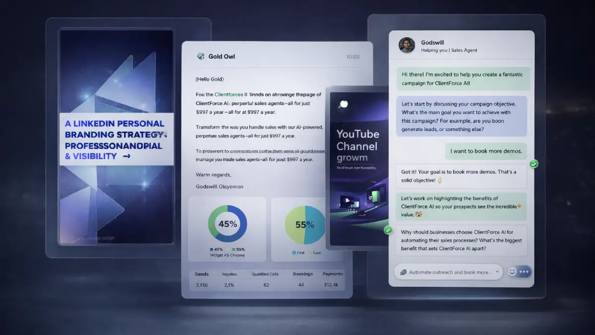 ClientForce AI outputs including lead capture, AI sales conversations, proposals, booking flows, and multichannel sales campaign assets