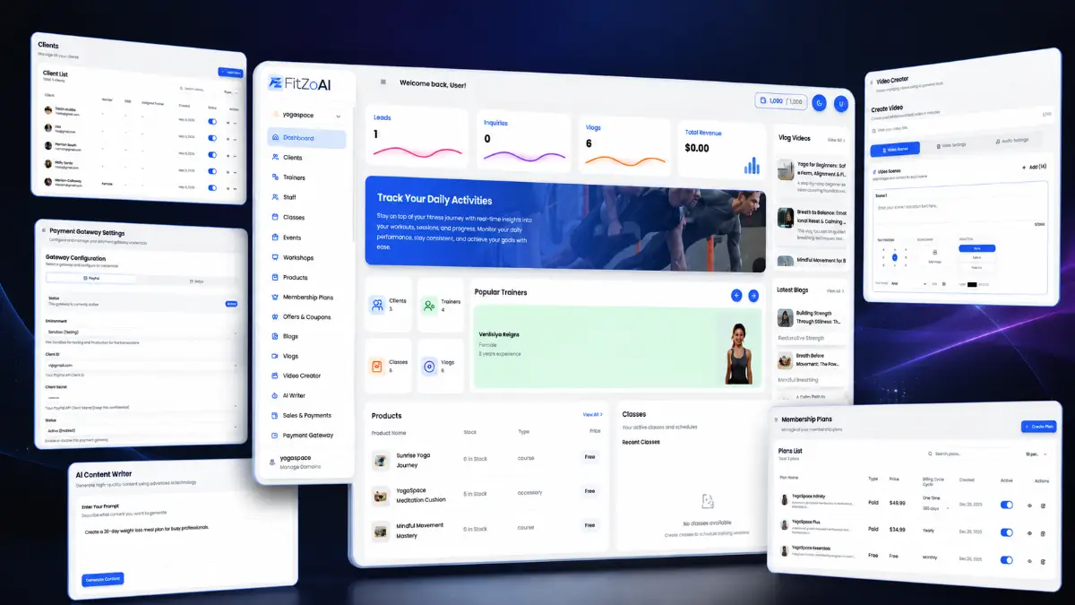 FitZoAI examples showing AI fitness websites, booking systems, memberships, CRM, payments, workout plans, diet plans, and automation