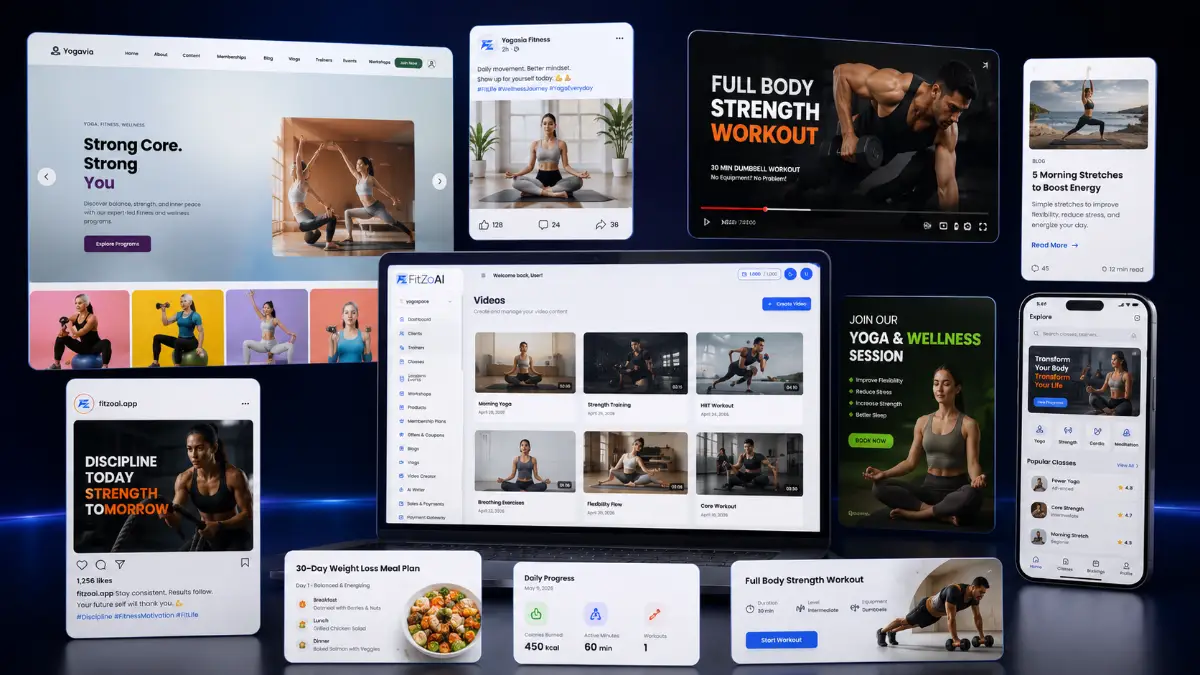 FitZoAI outputs including fitness websites, CRM dashboards, booking pages, membership tools, content writer, whiteboard video creator, SMS and email automation