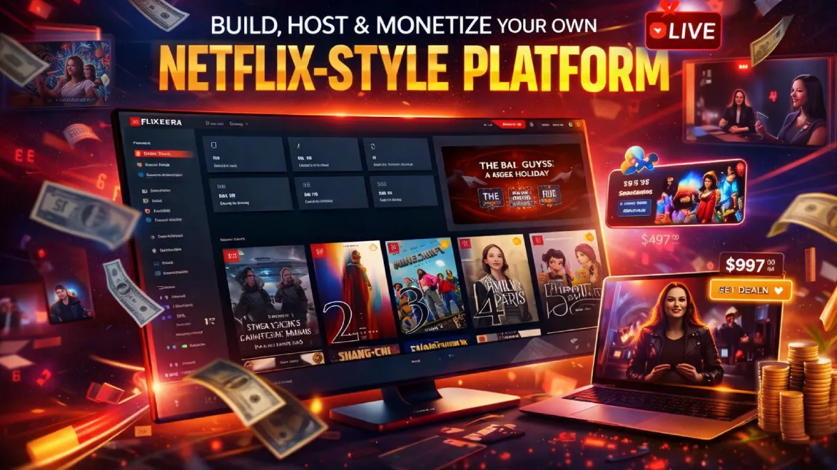 Flixeera dashboard, OTT hub builder, monetization controls, and analytics outputs