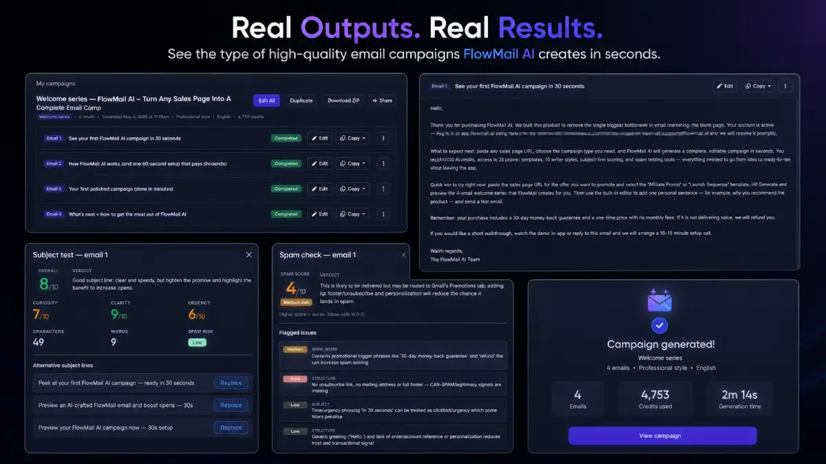 FlowMail AI outputs including promo emails, affiliate campaigns, welcome sequences, webinar emails, follow-ups, subject line scoring, and spam testing workflows