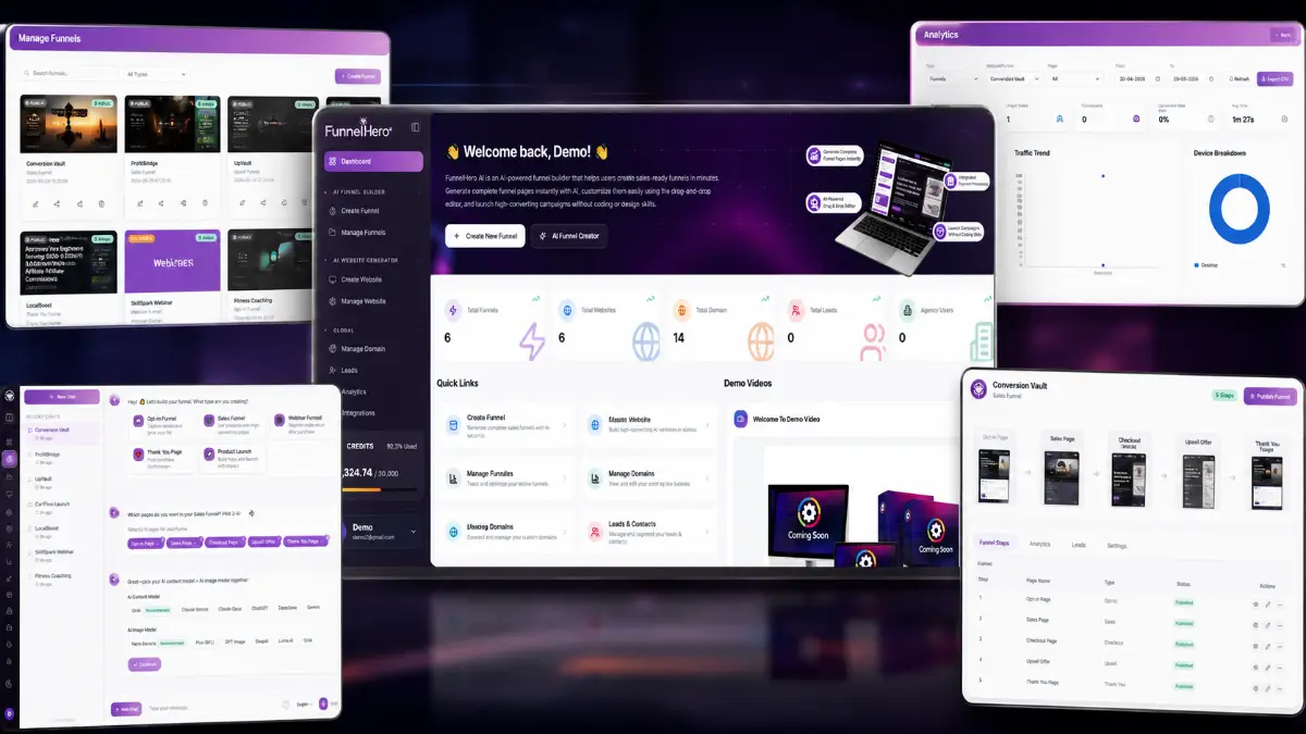 FunnelHero AI examples showing AI funnel generation, model selection, sales pages, opt-in pages, AI images, chat editing, and drag-and-drop customization