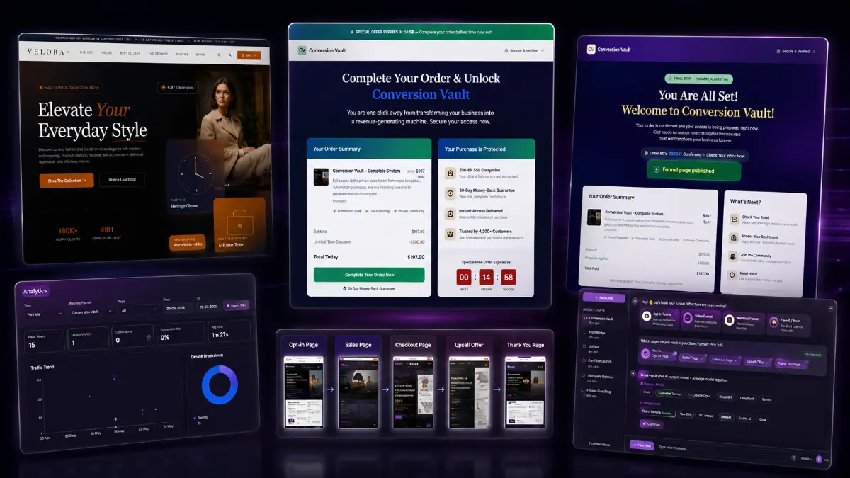 FunnelHero AI outputs including generated funnel pages, AI sales copy, AI images, analytics dashboards, custom domain publishing, templates, and client-ready assets