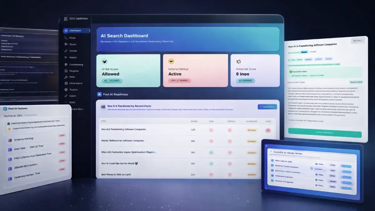 GEO Optimizer examples showing AI-ready WordPress pages, FAQ sections, answer capsules, schema, crawler access, and AI search optimization