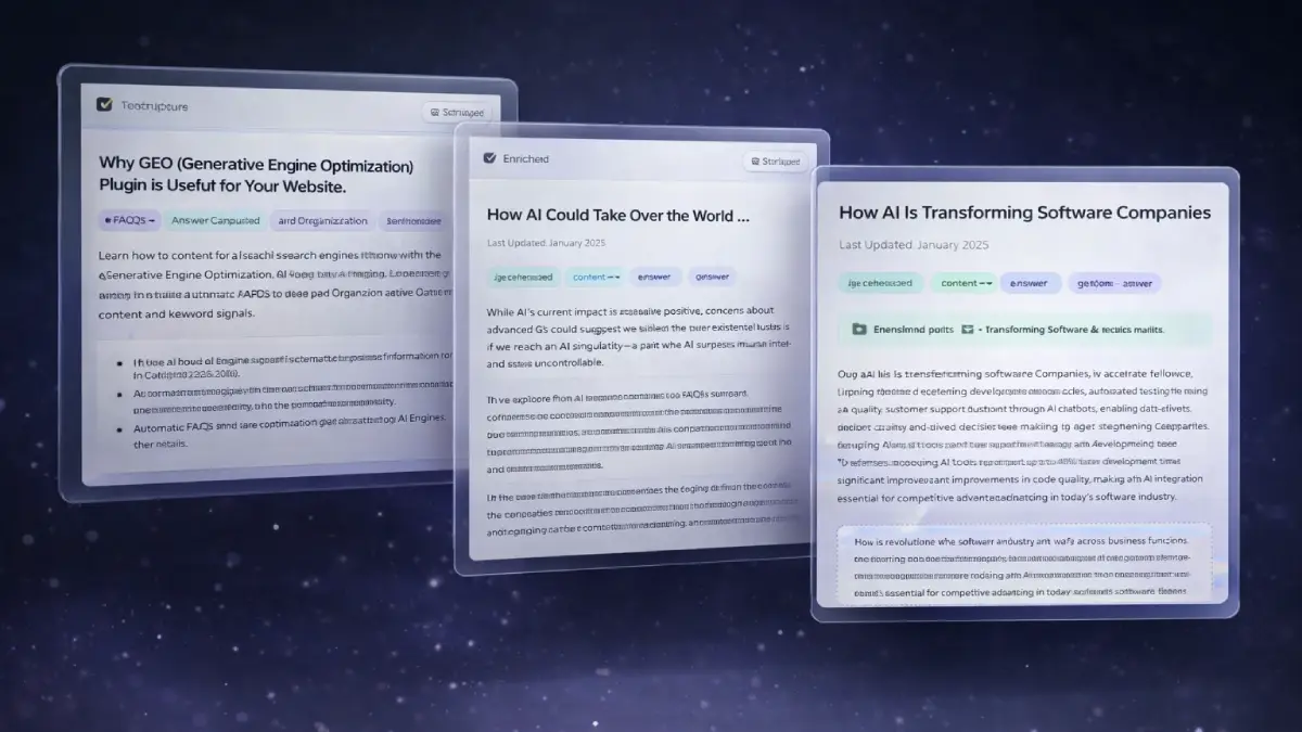 GEO Optimizer outputs including AI-ready pages, structured answer sections, citation-friendly content, and WordPress optimization results