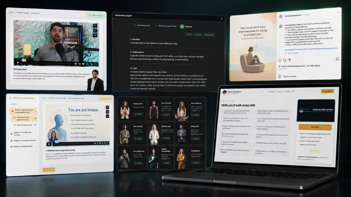 GuruOS outputs including AI courses, eBooks, communities, sales pages, coaching agents, social content, and lead generation workflows