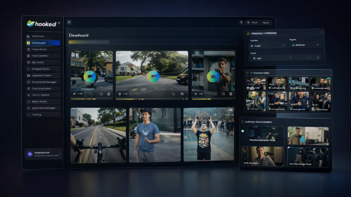 Hooked AI examples showing viral hook templates, short-form video tools, captions, scheduling, and creator workflow dashboard