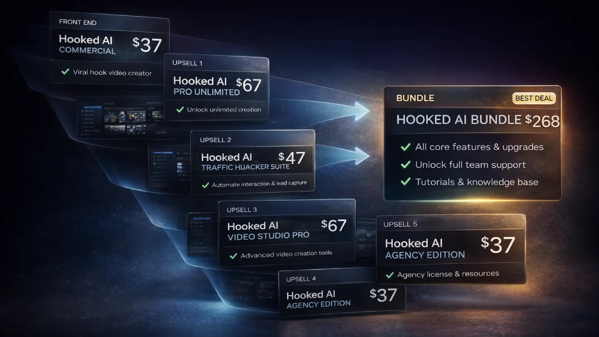 Hooked AI funnel showing front end commercial, bundle deal, Pro Unlimited, Traffic Hijacker Suite, Video Studio Pro, Music and Audio Suite, and Agency Edition