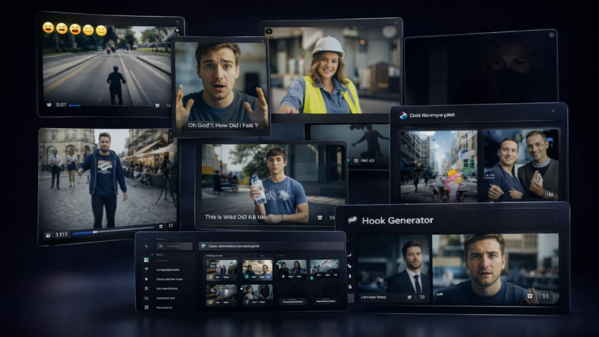 Hooked AI outputs including short-form videos, viral hook variations, social captions, hashtags, and multi-platform exports