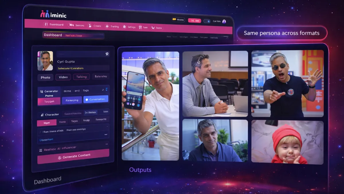 Imimic AI platform dashboard and realistic content outputs