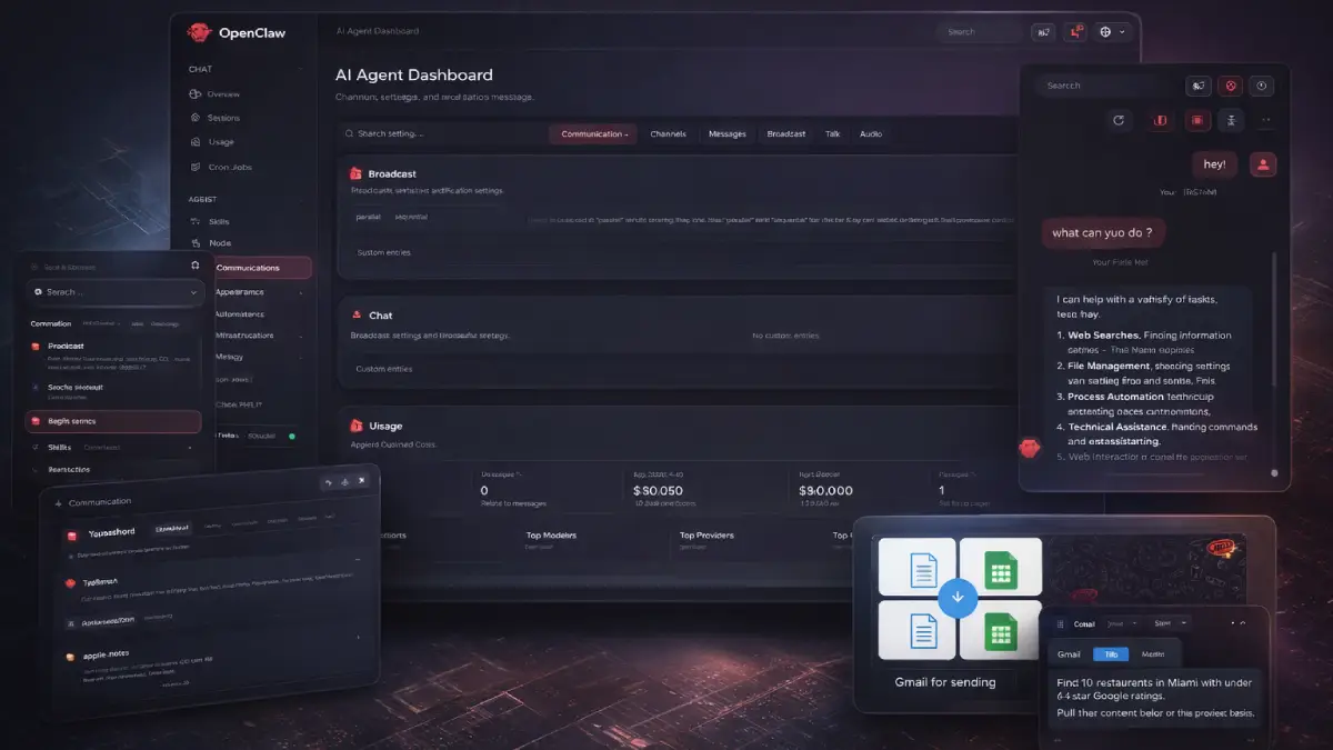 InstantlyClaw examples showing hosted OpenClaw deployment, multi-agent AI dashboard, business skills, and chat-based workflow control