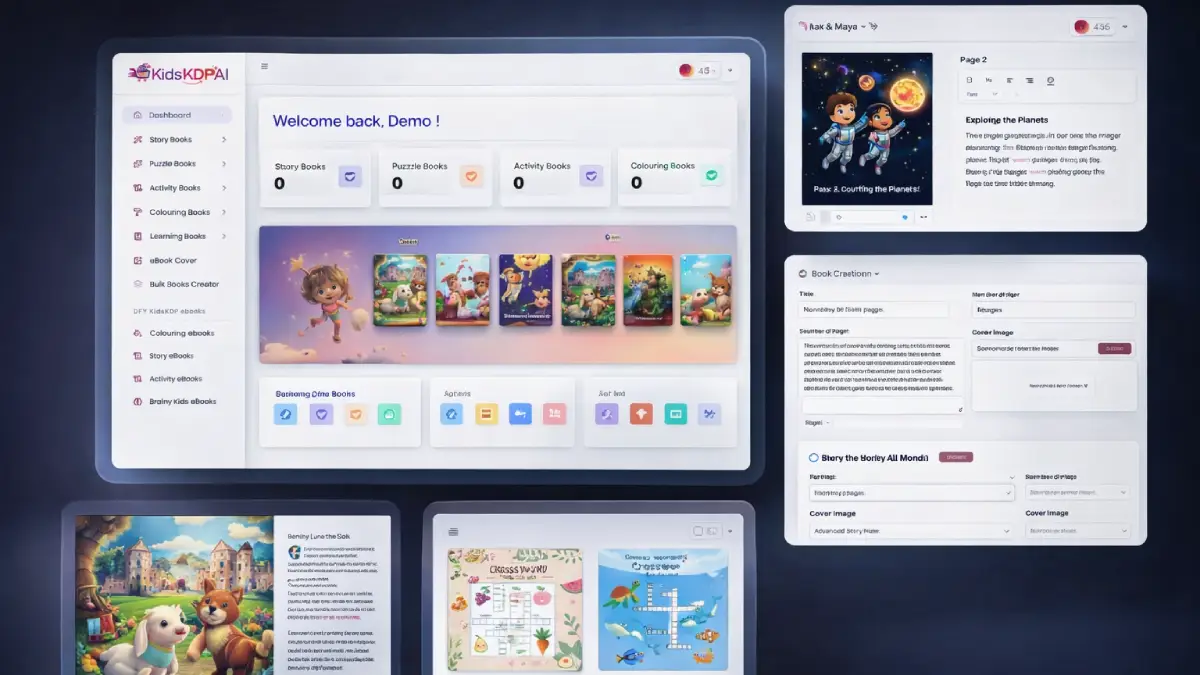 KidsKDPAI examples showing kids book creation dashboard, AI-generated layouts, storybooks, puzzle books, and ready-to-sell publishing workflow