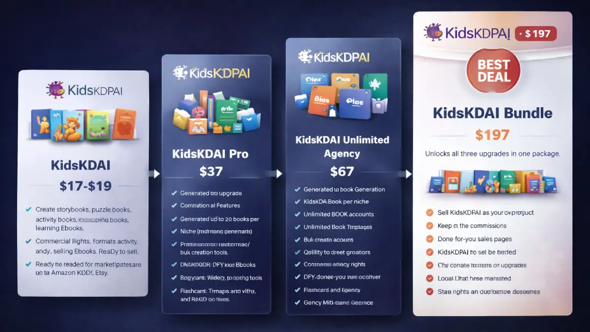 KidsKDPAI funnel showing front end, bundle, pro upgrade, unlimited agency, and reseller offer