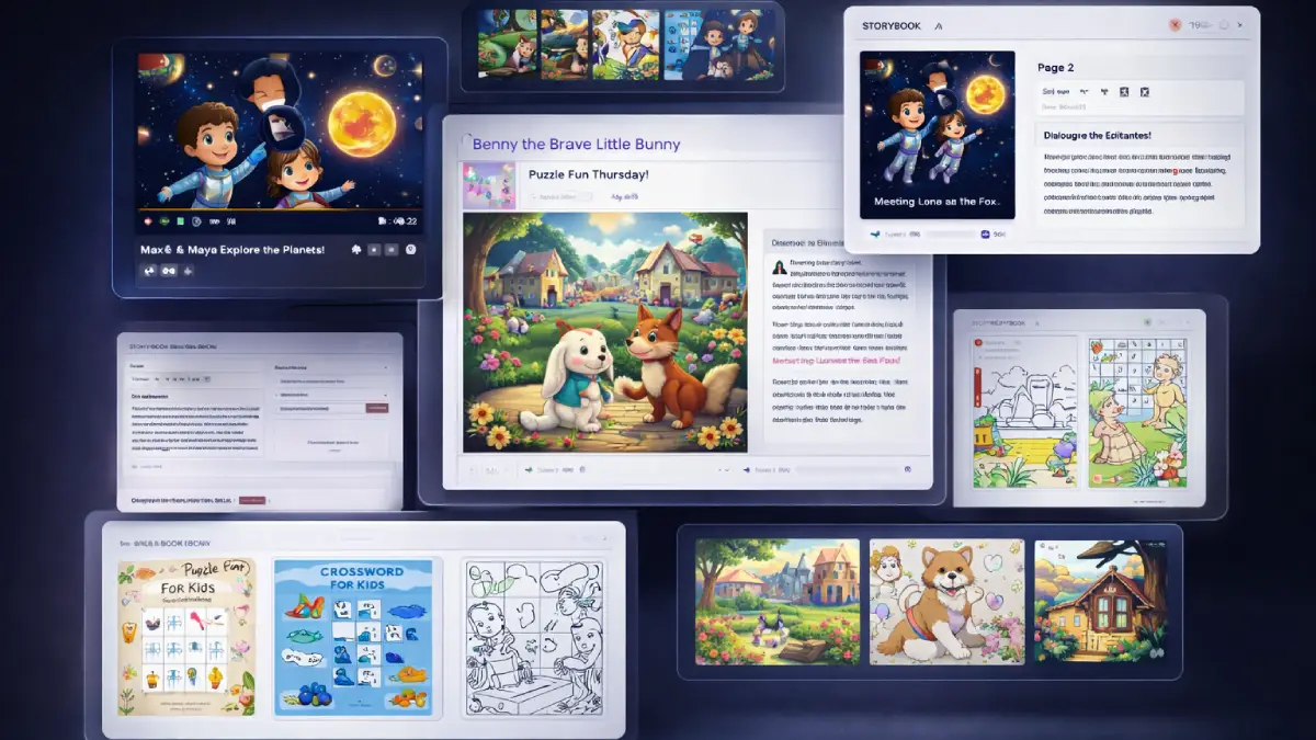 KidsKDPAI outputs including kids storybooks, coloring books, puzzle books, educational ebooks, and ready-to-sell publishing assets