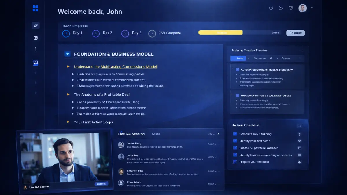 MultiCasting Commissions overview with live training positioning and business model visuals