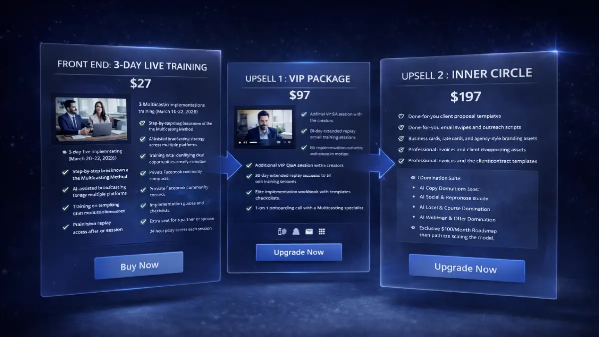 MultiCasting Commissions funnel overview including front-end, VIP, and Inner Circle