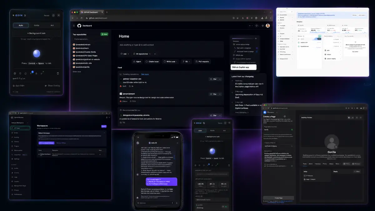 Odin AI examples showing screen awareness, desktop AI automation, Guide Mode, Act Mode, Background Agent Mode, Telegram control, Conquests, and safety controls