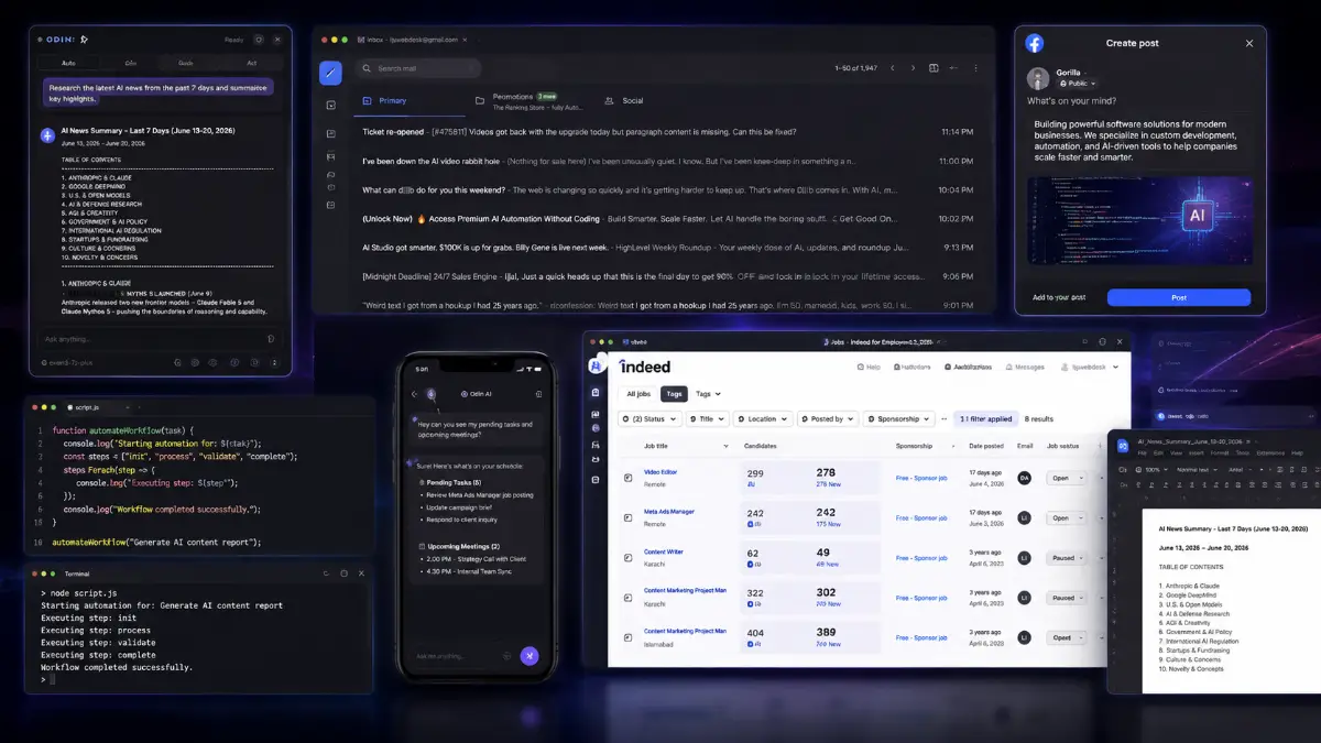Odin AI outputs including desktop automation, web research, content workflows, lead generation, outreach materials, Telegram tasks, Conquests, and completed client deliverables
