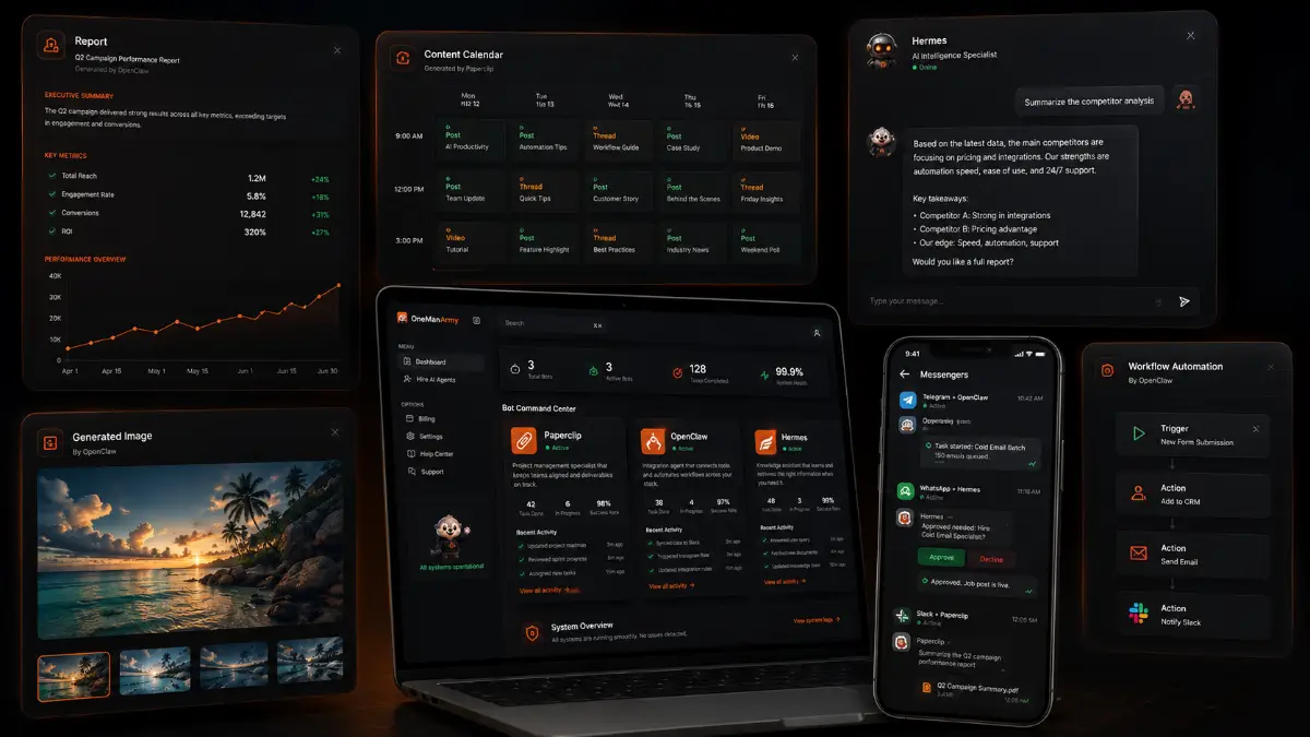 OneManArmy outputs showing AI agents, Paperclip planning, Hermes memory, OpenClaw execution, messaging integrations, and automation workflows