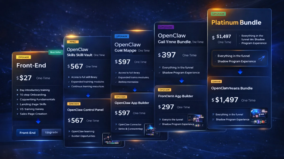 OpenClaw Cracked funnel showing front end, Platinum Bundle, Gold Bundle, Silver Bundle, Skills Vault, Control Panel, App Builder, Business Builder, Agency Premium, and Connector Series