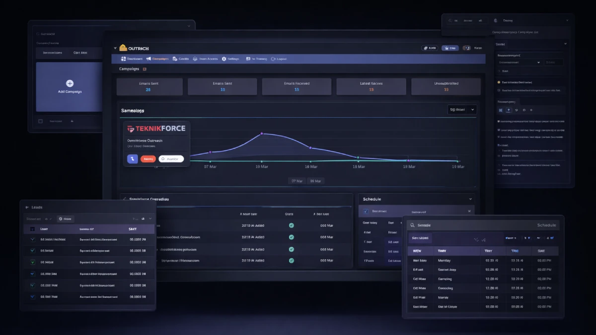 Outrich examples showing AI outreach dashboards, personalized cold email workflows, lead enrichment, and automated campaign management