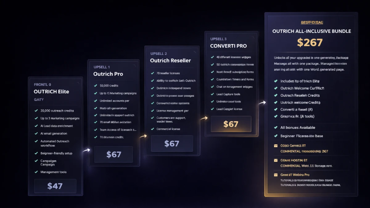 Outrich funnel showing front end Elite, bundle deal, Pro, Reseller, Webira Pro, and Converti Pro