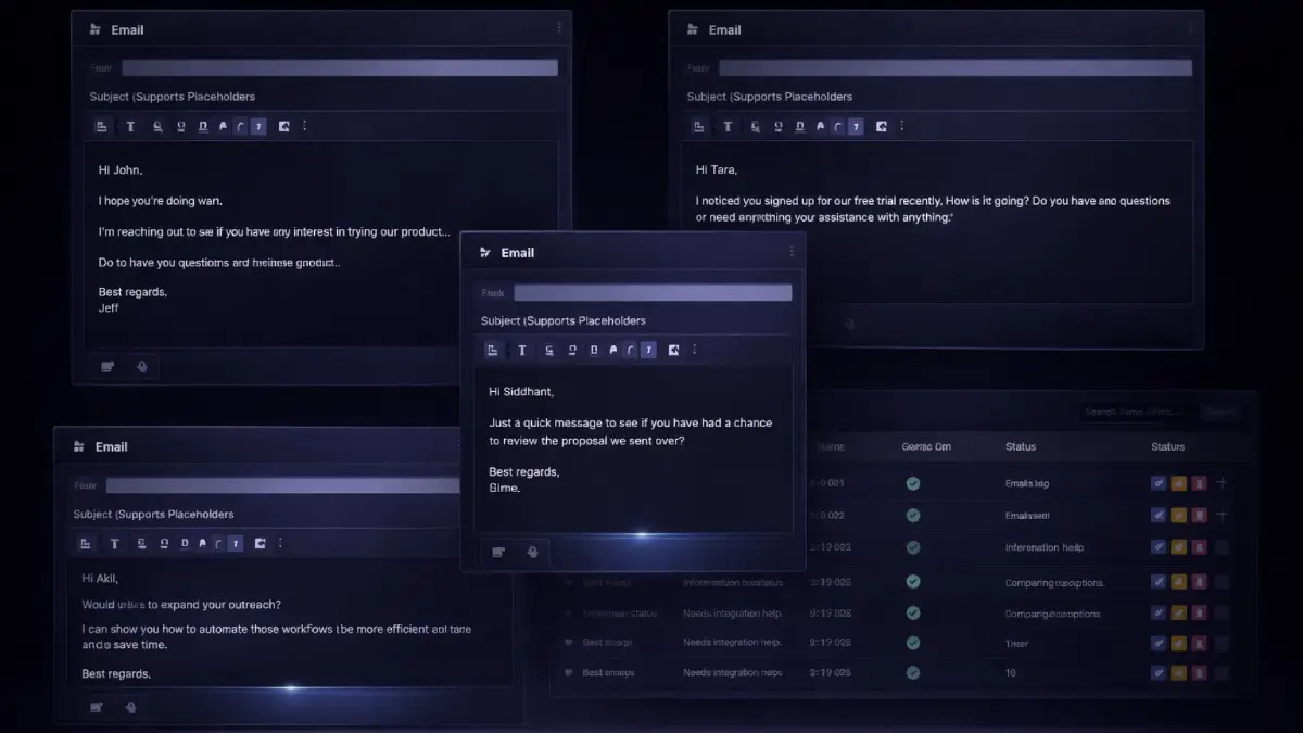 Outrich outputs including personalized cold emails, enriched lead data, automated outreach flows, and campaign reply management