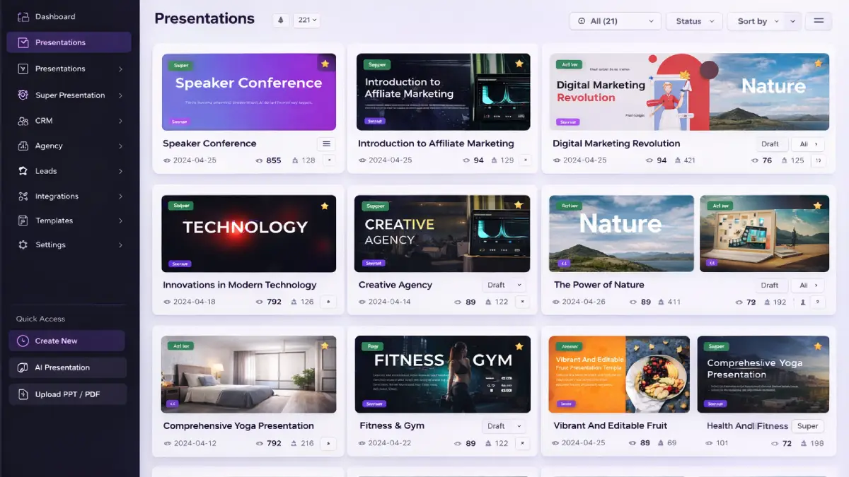 Prezent IQ outputs examples: talking presentations, AI avatars, lead capture forms, CRM, and agency-ready communication assets