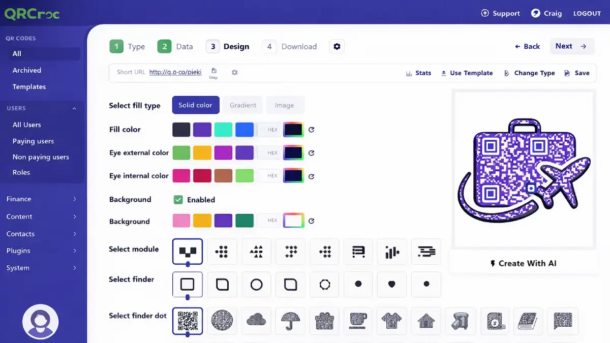 QR Croc dashboard and AI-generated QR code examples